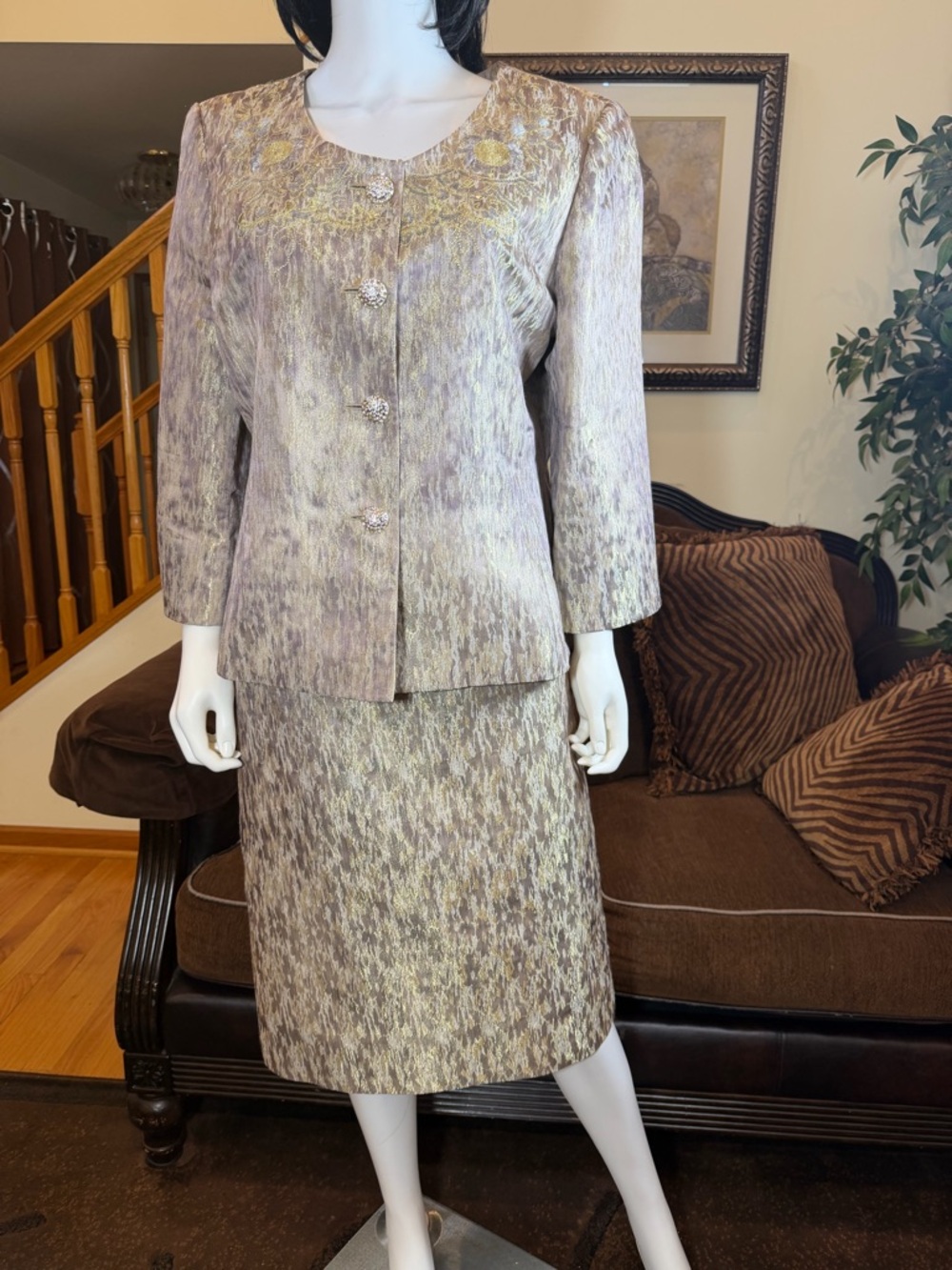 Kasper Iridescent Beige and light Brown Midi Skirt Suit